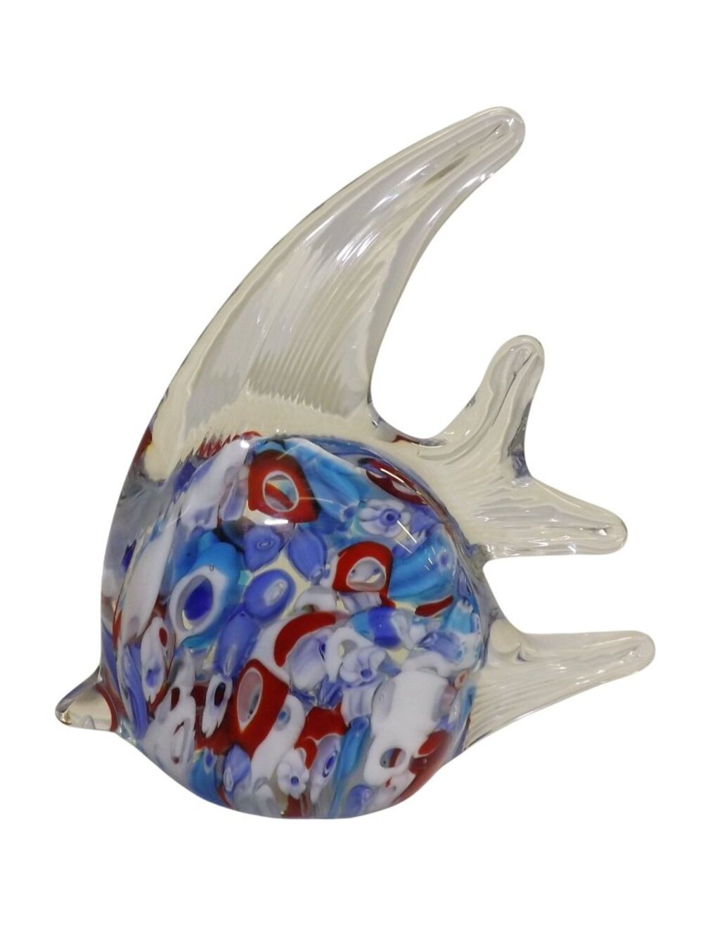 Murano Style Millefiori Art Glass Fish Sculpture With Vibrant Red Blue White